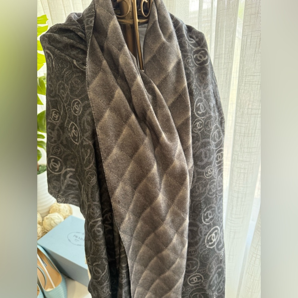 CHANEL Dark Gray Monogrammed Scarf
